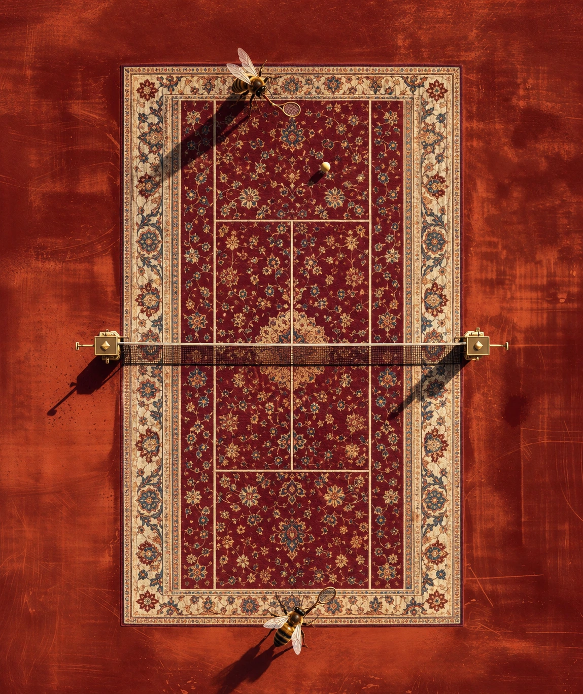 Campaign artwork: two bees playing tennis on a burgundy Anatolian carpet court