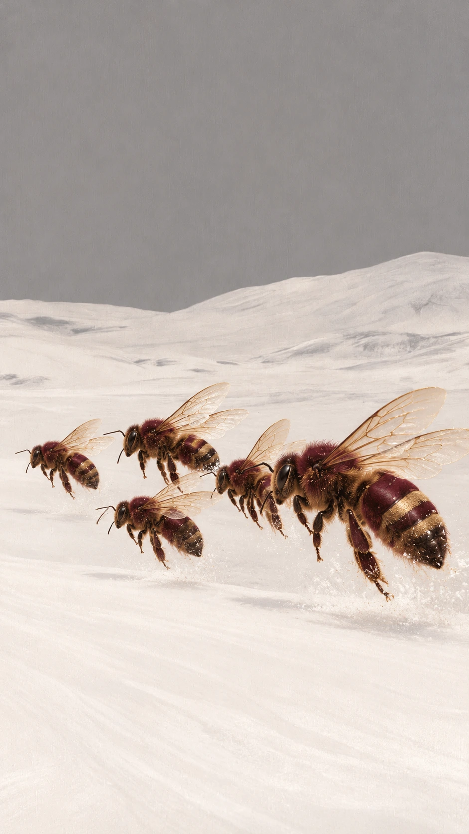Burgundy and antique-gold honeybees in flight over an ivory winter landscape